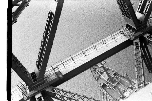Ship viewed from arch through the bridge structure