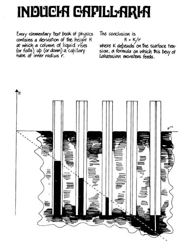 Every elementary text book of physics 
contains a derivation of the height H at which a 
column of liquid rises (or falls) up (or down)
a capillary tube of inner radius r.
The conclusion is
H=K/r
where K depends on the surface tension,
a formula on which this bevy of Lakatosian monsters feeds.
This diagram demonstrates, on a plot of H against
the inverse radius, to a series of caillary tubes
standing vertically in mercuiry. Ultimately, 
the depression of level corresponding
to this formula exceeds the length of the capillary beneath the mercury surface.